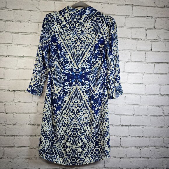 WOMENS CABI SHIRT DRESS BUTTON FRONT NAVY CREAM PATTERN LONG SLEEVE SIZE SMALL - Picture 7 of 8